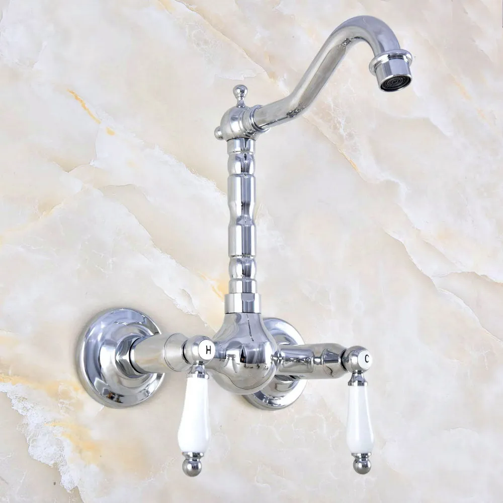 

Polished Chrome Brass Wall Mount Kitchen Sink Faucet Swivel Spout Mixer Tap Dual Ceramics Handles Levers anf575