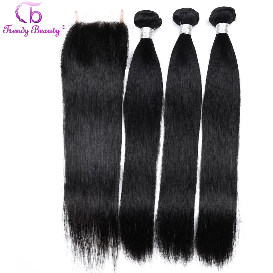 

Trendy Beauty Malaysian Straight 100% Human Hair Extensions 3 Bundles with Closure Natural Color Can be Dye 8-28 Inches Non Remy