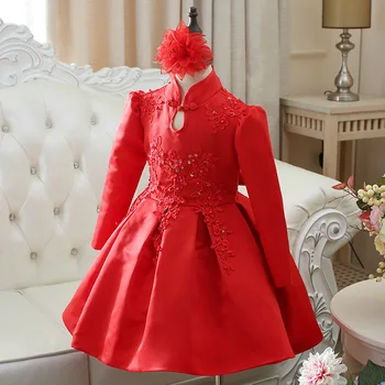 

Children's Clothes Princess Girls Autumn Long-sleeved Chinese Embroidery Flower Dress Gown Show Host Party Kids Clothing Red