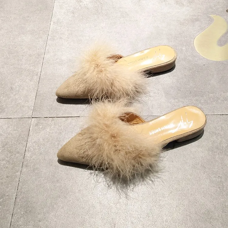 SLHJC Women Fur Slippers Flat Heel Pointy Toe Autumn New Arrival Casual Mules Outside Casual Cozy Flats Slides