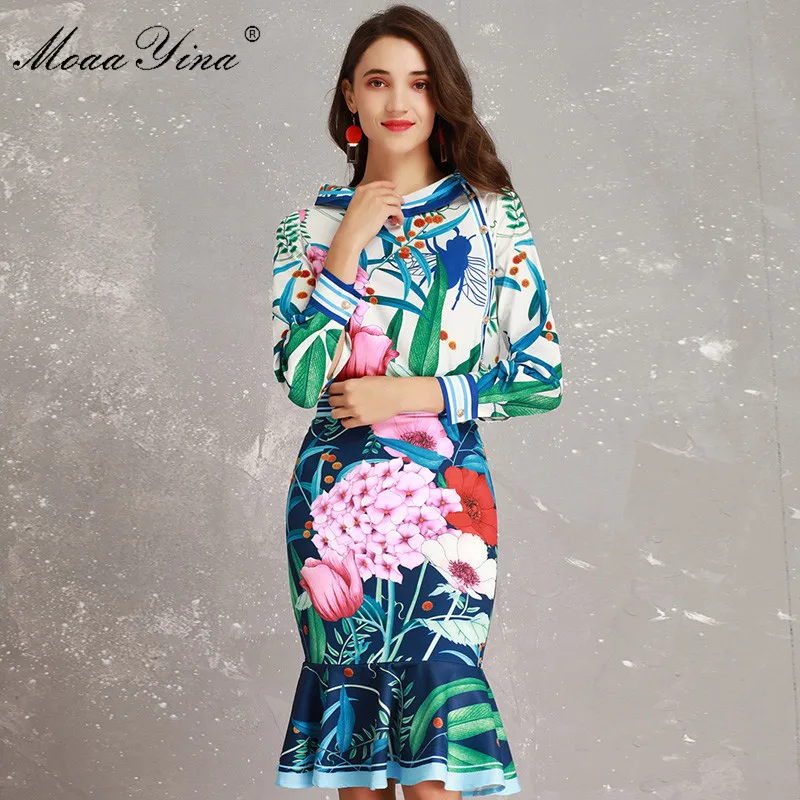 MoaaYina Fashion Designer Set Lente Vrouwen Lange mouw Pioen Bloemenprint Elegante Blouse + Packet hip Mermaid Rok Twee- stuk pak MoaaYina Fashion Designer Set Lente Vrouwen Lange mouw Pioen Bloemenprint Elegante Blouse + Packet hip Mermaid Rok Twee- stuk pak