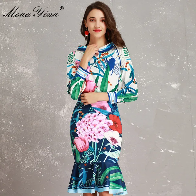 Best Price MoaaYina Fashion Designer Set Spring Women Long sleeve Peony Floral Print Elegant Blouse+Packet hip Mermaid Skirt Two-piece suit Best Price MoaaYina Fashion Designer Set Spring Women Long sleeve Peony Floral Print Elegant Blouse+Packet hip Mermaid Skirt Two-piece suit