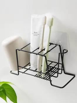 

Bathroom Accessories Toothbrush Rack Punch-Free Wrought Iron Wall Mount Rack Shelf Toothpaste Organizer Bathroom Gadgets Storage