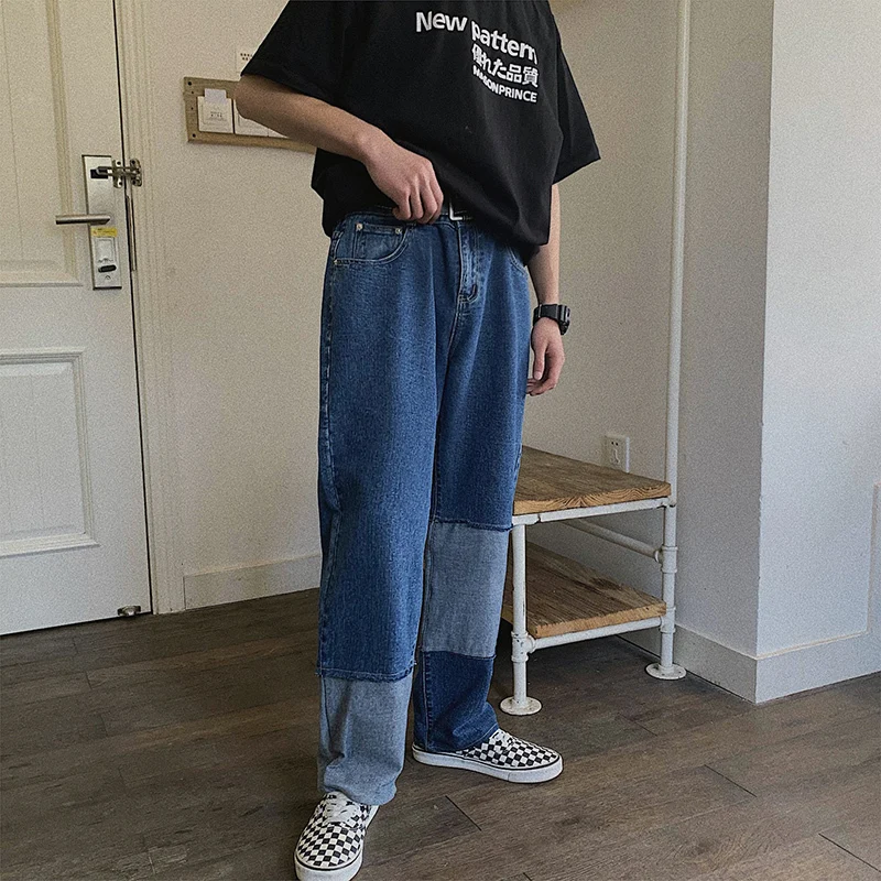 

2019 Men's Fashion Street Spelling Color Baggy Homme Classic Cargo Pocket Wash Jeans Blue Casual Pants Biker Denim Trousers
