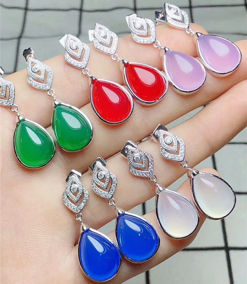 Женские серьги из серебра 925 пробы с агатом и медulla красные зеленые