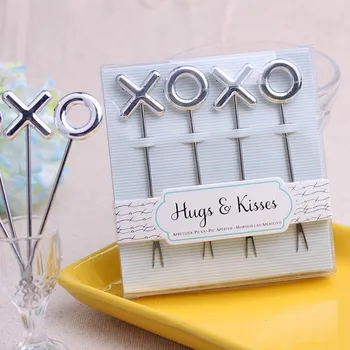 

Free shipping wedding gift and giveaways Hugs & Kisses XO fruit fork Steel Shape Metal Fruit Fork(set of 4picks)100sets/lot