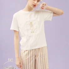 Футболки оборками хлопок модные женские туфли T футболки короткий рукав золото Нитки девушка Вышивка лоскутное новые летние Футболки для девочек топы белого цвета