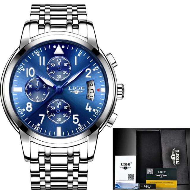 Мужские часы Лидирующий бренд Модные хронограф LIGE черные кварцевые часы из нержавеющей стали автоматические с датой часы Relogio Masculino - Цвет: Silver blue S
