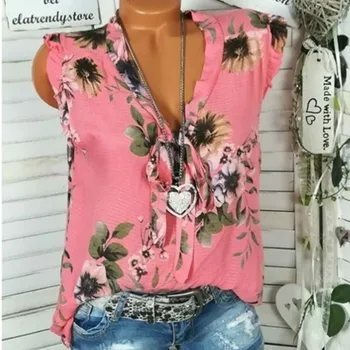 

Chiffon Blouse 2019 Fashion Sleeveless Women Blouses Tops Bow Neck Floral Print Office Shirt Casual Tops Blusas Chemise Femme