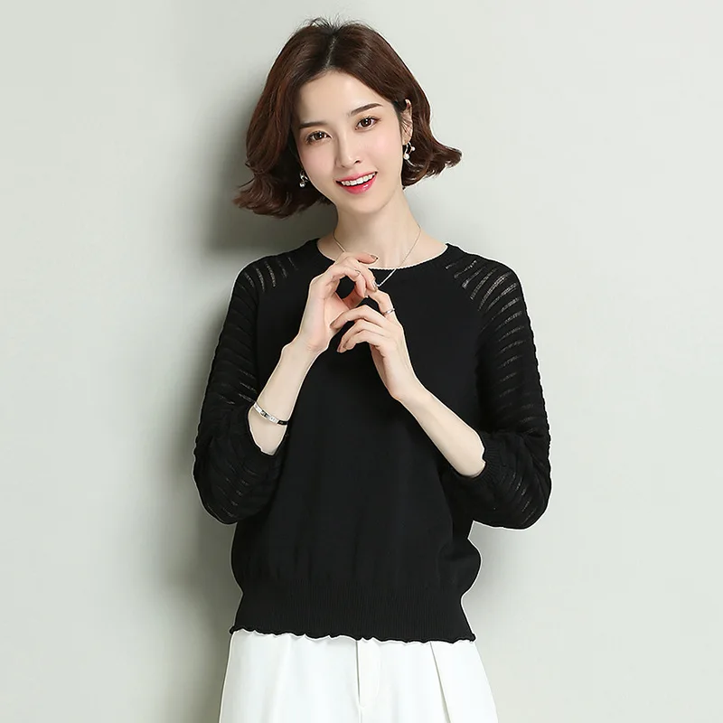 

Женский свитер с рукавом три четверти, тонкий, весенний, корейский, с круглым воротником, пуловер, однотонный, Повседневный, H9355