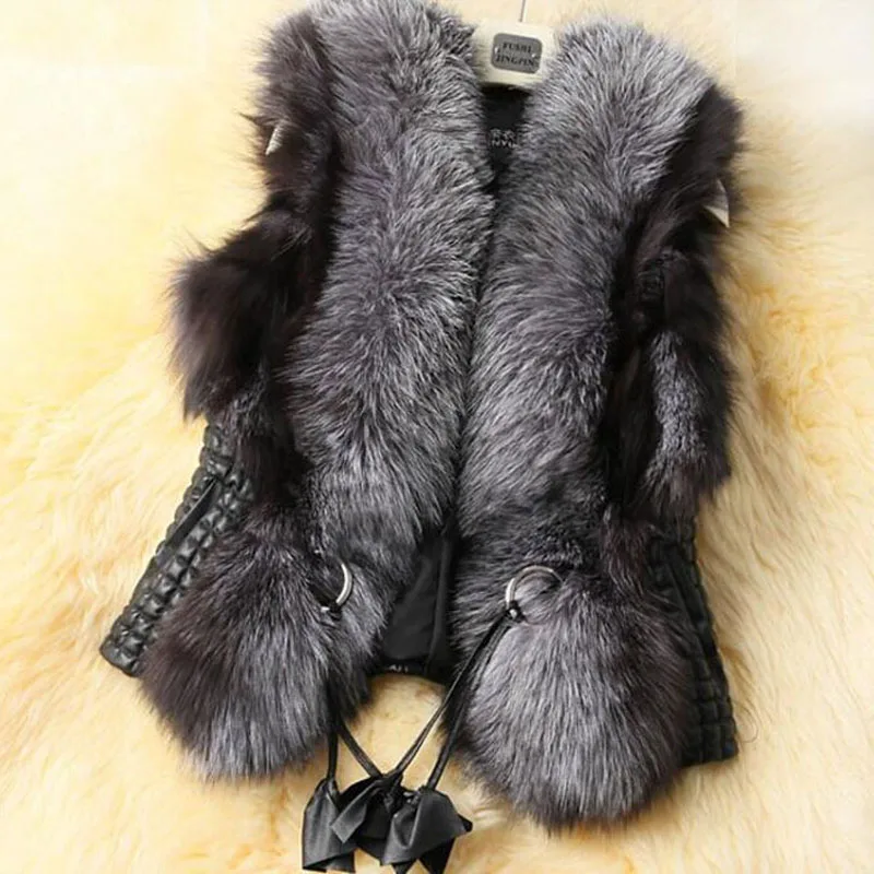 

2016 Faux Fur Vest Women Winter Warm Sleeveless Coats Outerwear Faux Fox Fur Leather Slim Waistcoat Elegant Jacket Vest S2464