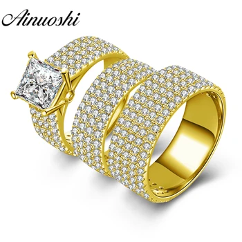 

AINUOSHI Real Gold TRIO Rings 14K Solid Yellow Gold Couple Wedding Rings Pave Setting Band Princess Cut CZ Engagement Rings Set