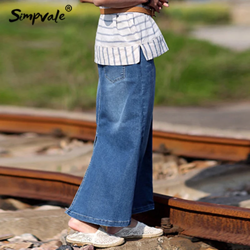

SIMPVALE Casual Loose Ankle Length Denim Skirt Dark Blue Color Vintage Jeans Skirts New Summer Size Plus Denim Skirt