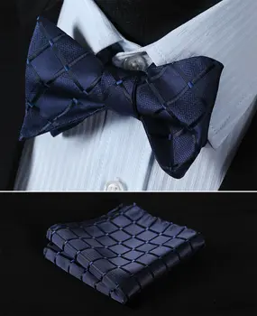 

BC423V Navy Blue Check 100%Silk Jacquard Woven Men Butterfly Self Bow Tie BowTie Pocket Square Handkerchief Hanky Suit Set