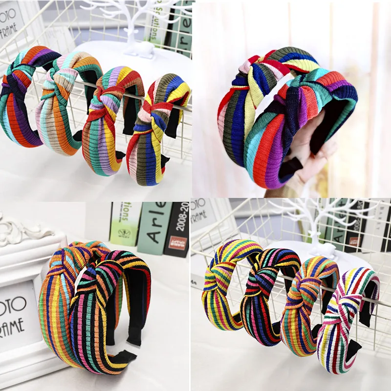 

New Women Fashion Candy Hairband Handmade Rainbow Color Headband Striped Knitted Hair Band Girls Women Hair Accessories Turban