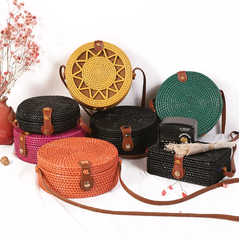  Woven Rattan Bag Round Straw Shoulder Bag Small Beach HandBags Women Summer Hollow Handmade Messeng - 32889172089