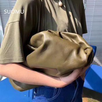 

Day clutch genuine leather Evening party purse bag women large big ruched pillow bag pouch handbag 2019 summer bag white brown