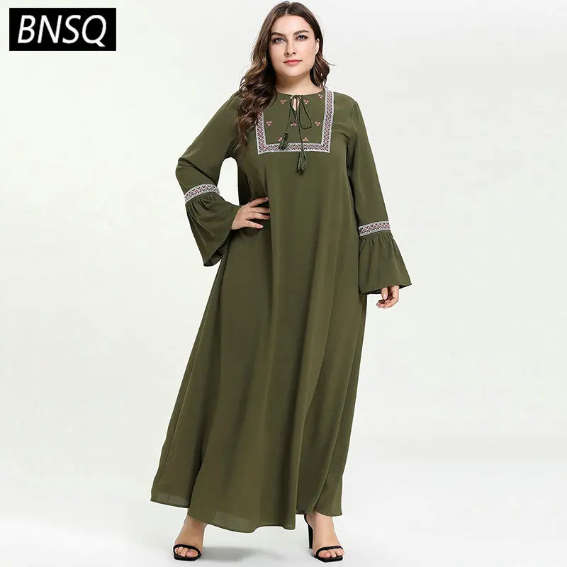 

BNSQ Army Green Women Long Dress Elegant Geometric Embroidery Casual Muslim Dresses Flare Long Sleeve Autumn 2019 Plus Size New