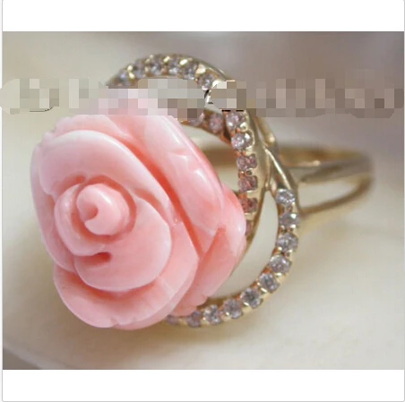 

Free shipping >>>>>>carved rose Free Form pink coral Rings 14KT Solid gold