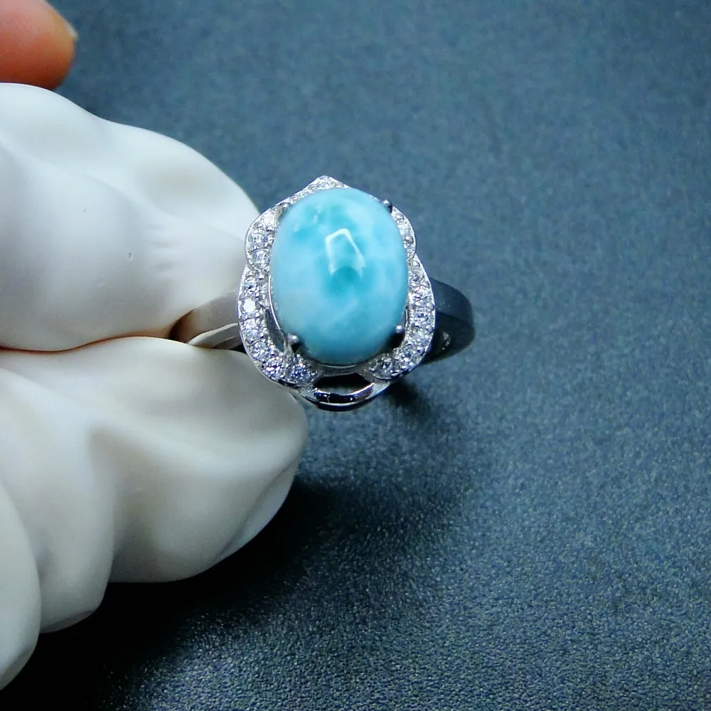Genuine Larimar Female Rings 8X10MM Blue Crystal Stone Fine 925 Sterling Silver Jewelry Rings Ocean Stone Gemstone Ring Band