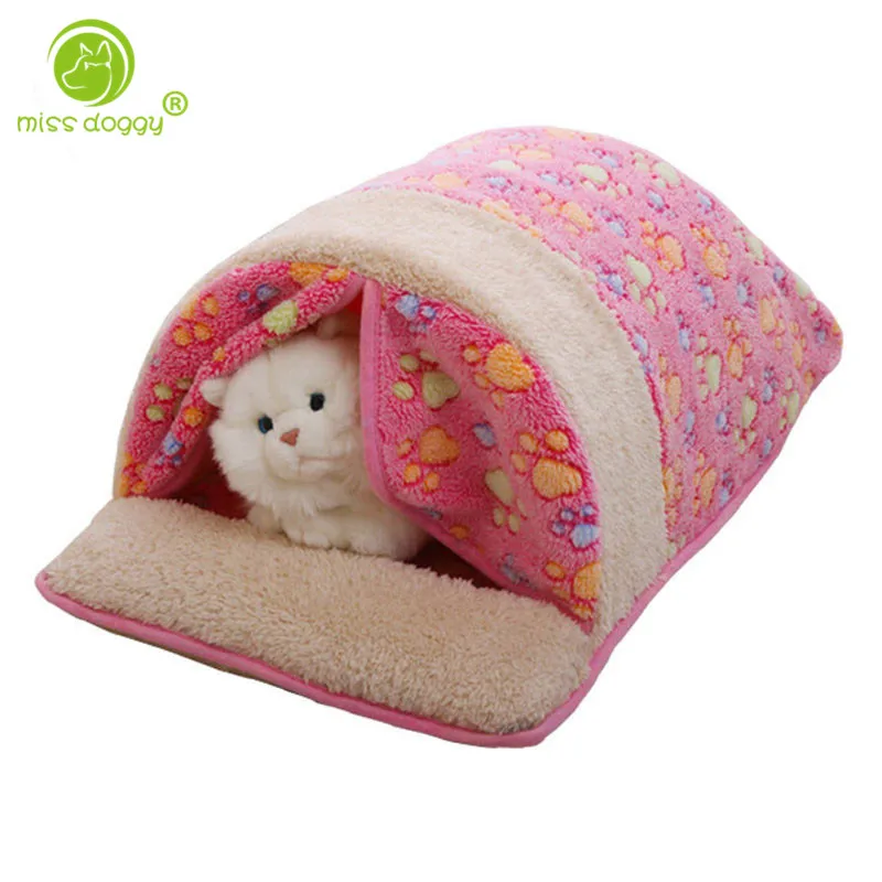 

2016 Pet Products Warm Soft Pet Cat Sleeping Bag with Curtain Cartoon Coral Dog Kennel Cat Bed Cat House cama perro