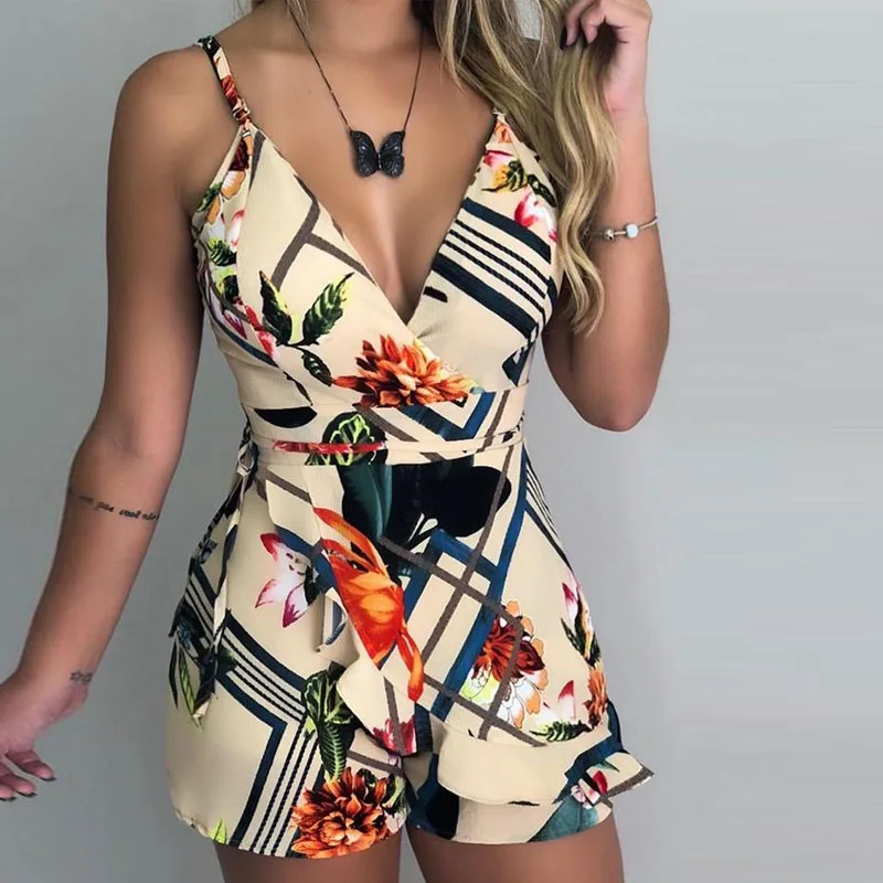 

2019 Women Spaghetti Strap Floral Sexy Playsuit Beach Boho Palysuit Deep V Neck Short Jumpsuit Rompers