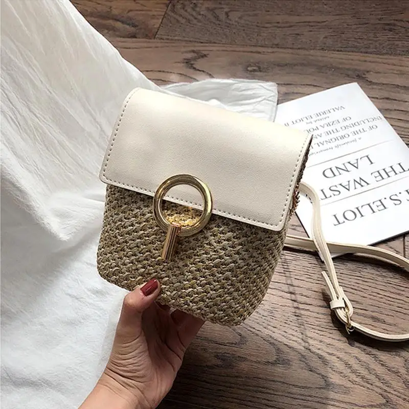 

Women Straw Shoulder Bags Summer Rattan Woven Crossbody Bag Ladies Small Handbags PU Purses Female Travel Messenger Bags