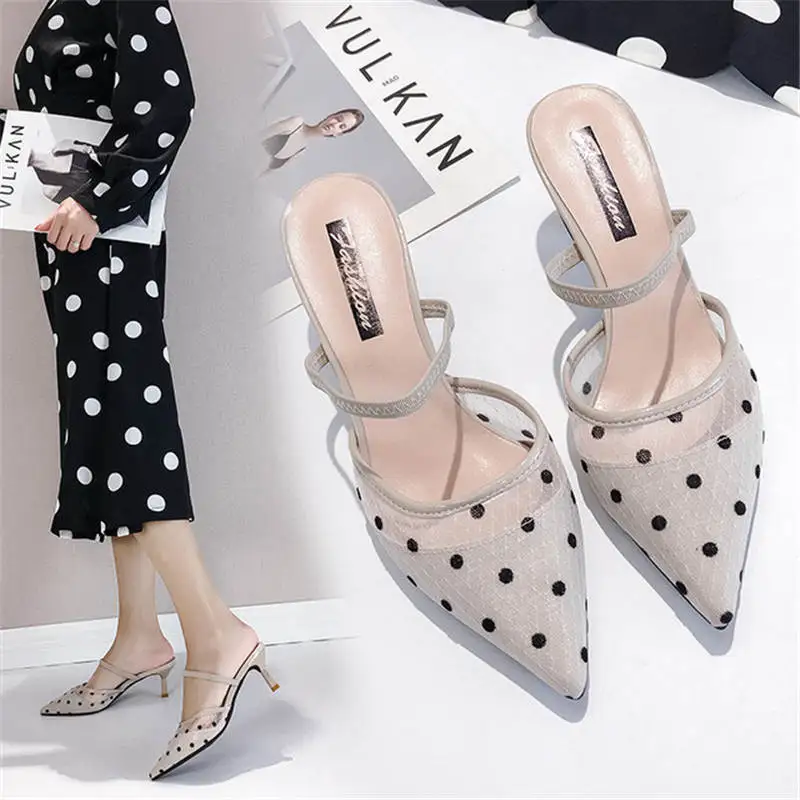 

Fashion elegant thin low heel polka-dot women Mules mesh lace female Breathable pointed slides beach ladies slippers women new