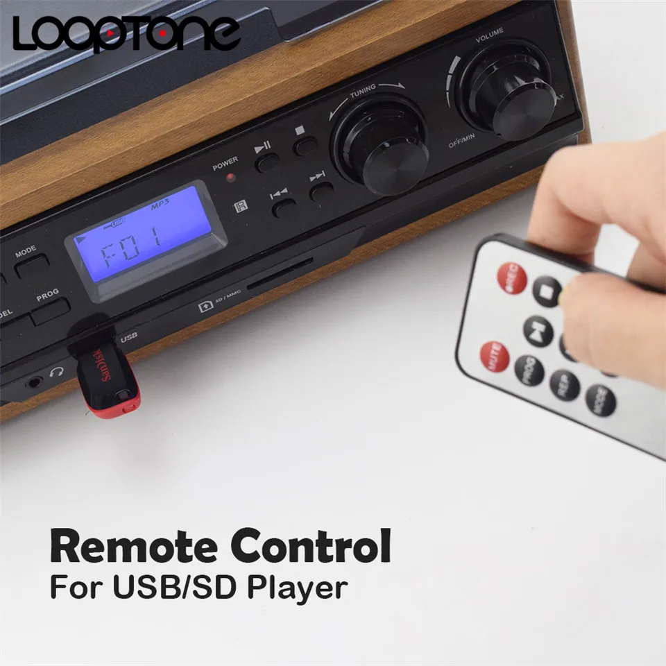 Виниловая проигрыватель LoopTone Bluetooth Проигрыватель кассета AM/FM радио USB/SD плеер с