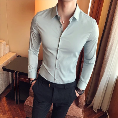 Повседневная рубашка Slim Fit Мужские рубашки бизнес Camisa Masculina с длинным рукавом сплошной цвет черный белый Высокое качество