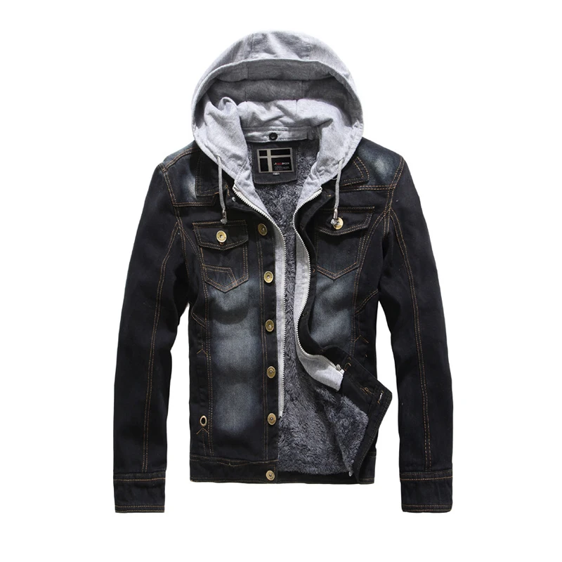 denim jacket with fleece sleeves and hood