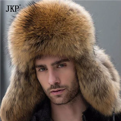 JKP русская кожаная модная шапка, Мужская зимняя шапка с наушниками, мужская шапка с натуральным мехом енота, черная лиса, шапка-бомбер, новая скидка - Цвет: B
