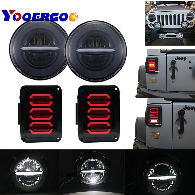 

2x 7'' inch 50W LED Headlight DRL+ 2x LED Rear Brake Reverse Tail Light For Jeep Wrangler JK