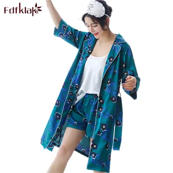 

Fdfklak High-grade 3 Pieces Pajamas Set Spring Summer Pyjamas Woman Vintage Print Sleepwear Women Pijama Suit Home Clothes