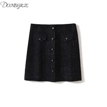 Коммутируют четыре сезона диких черный Яркий шелковый твид в высокой талии сумка бедра юбка для женщин