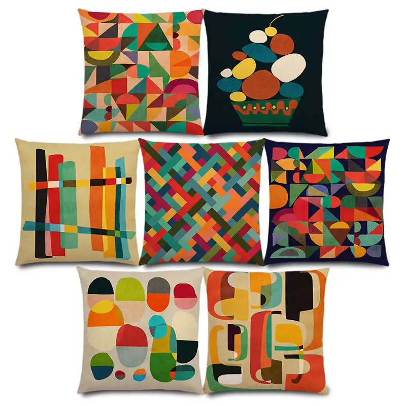 

New Flowers Rainbow Color Blocks Field Weave Map Colorful Geometric Abstract Pattern Prints Cushion Cover Pillow Case Mini