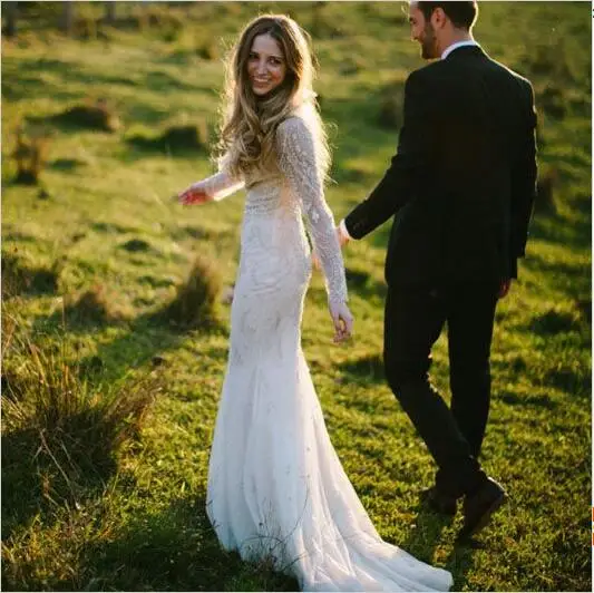 Vestidos De Novia Кружева Пляж Свадебные Платья Лодка Шеи Длинным рукава С Бисером