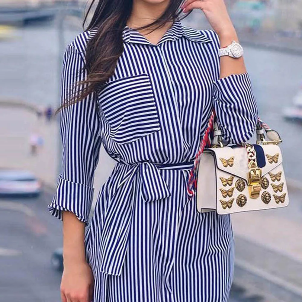 Vestidos verano 2018 осеннее платье для женщин Повседневное Полосатое с длинным рукавом и