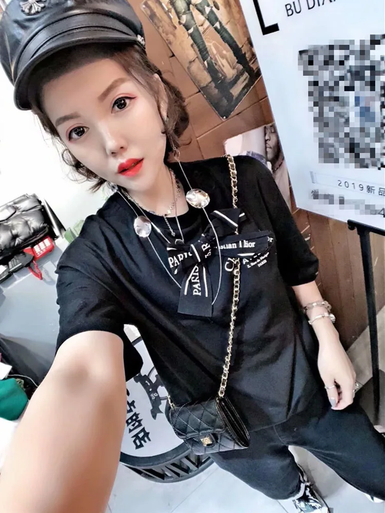 

2019 new quality letters bow short sleeve T-shirt female fashion small unlined upper garment of cotton tee summer tops