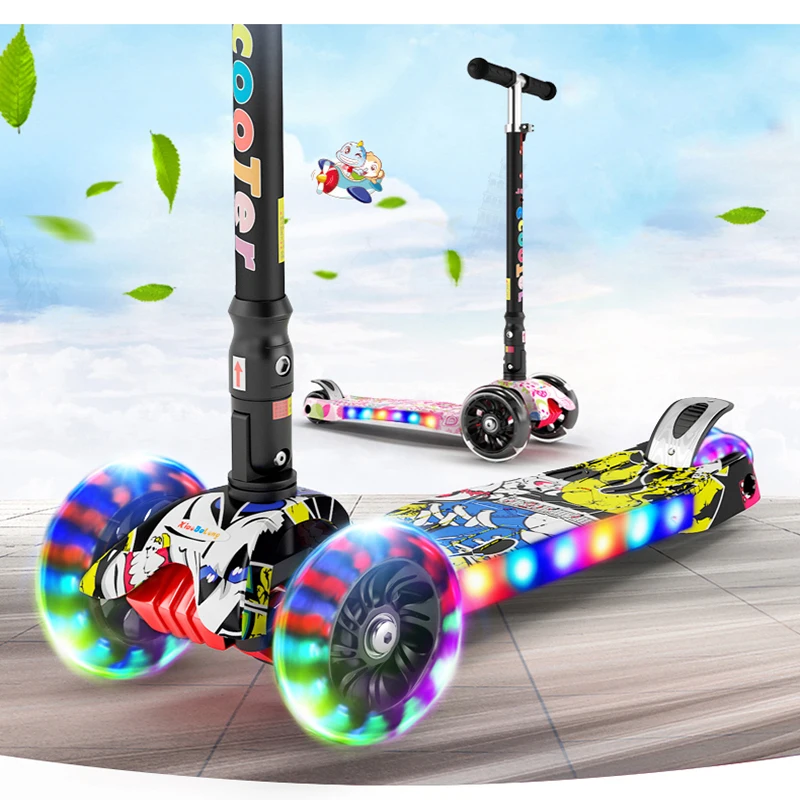 Children kick scooter baby children PU 4 rounds of LED outdoor sports folding fitness plastic height adjustable