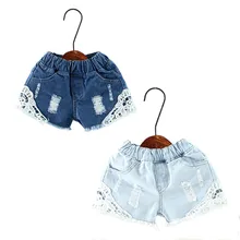 Летние джинсовые шорты для девочек, модные детские кружевные полупрозрачные шорты для маленьких девочек, От 1 до 14 лет, одежда Dwq195
