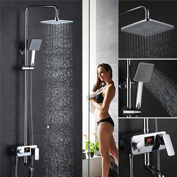 

Shower Head Rain Water Overhead Water Saving Square Bathroom Digital Screen Thermostatic Head Adjustable Bath Accessories HWC