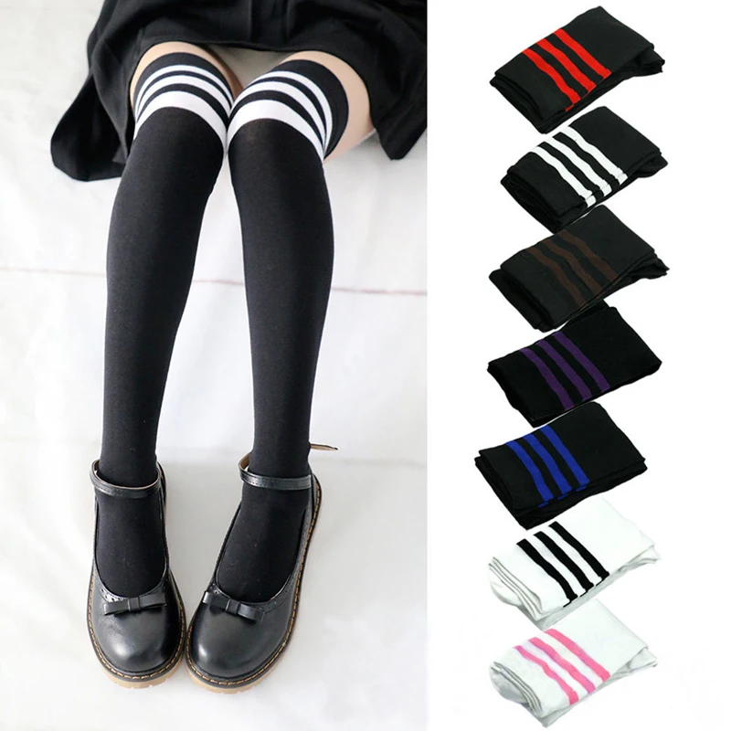 Fashion Sexy Girls Students Women Sexy Stripe Cotton Over Knee Socks Thigh High Stockings Long Socks Cotton Stockings