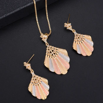 

missvikki Hot African Female Costume Jewelry Set Shell Shape Pendant Earrings Necklace for Women Cubic Zirconia High Quality