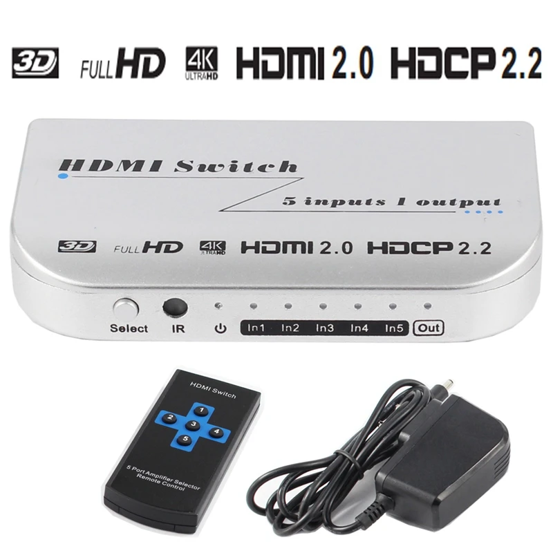 Hdmi переключатель 5X1 4K X 2 k @ 60Hz Hdmi 2,0 переключатель Hdr Hdcp 2,2 с ИК беспроводным пультом дистанционного управления и адаптером питания Full Hd 1080P