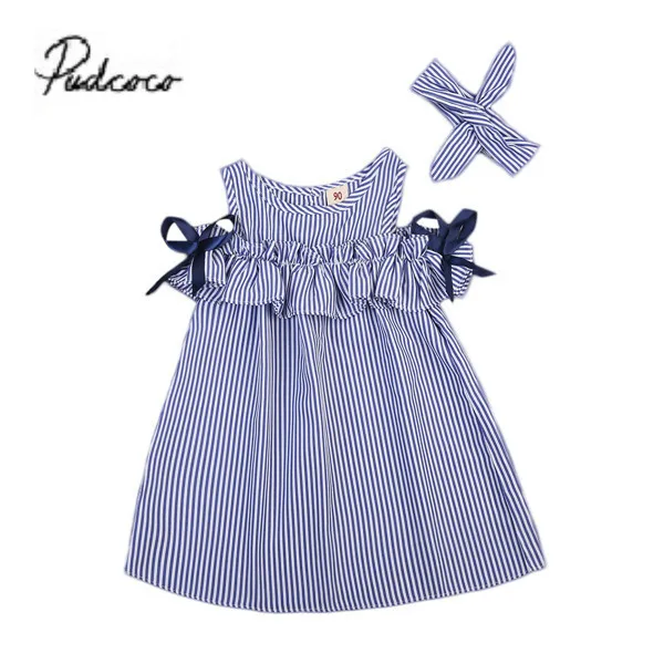 

Baby Girl Kid Summer Dresses Off-shoulder Sleeveless Striped Dress Outfit Party Casual Beach Striped Dresses Blue 1-6 Years