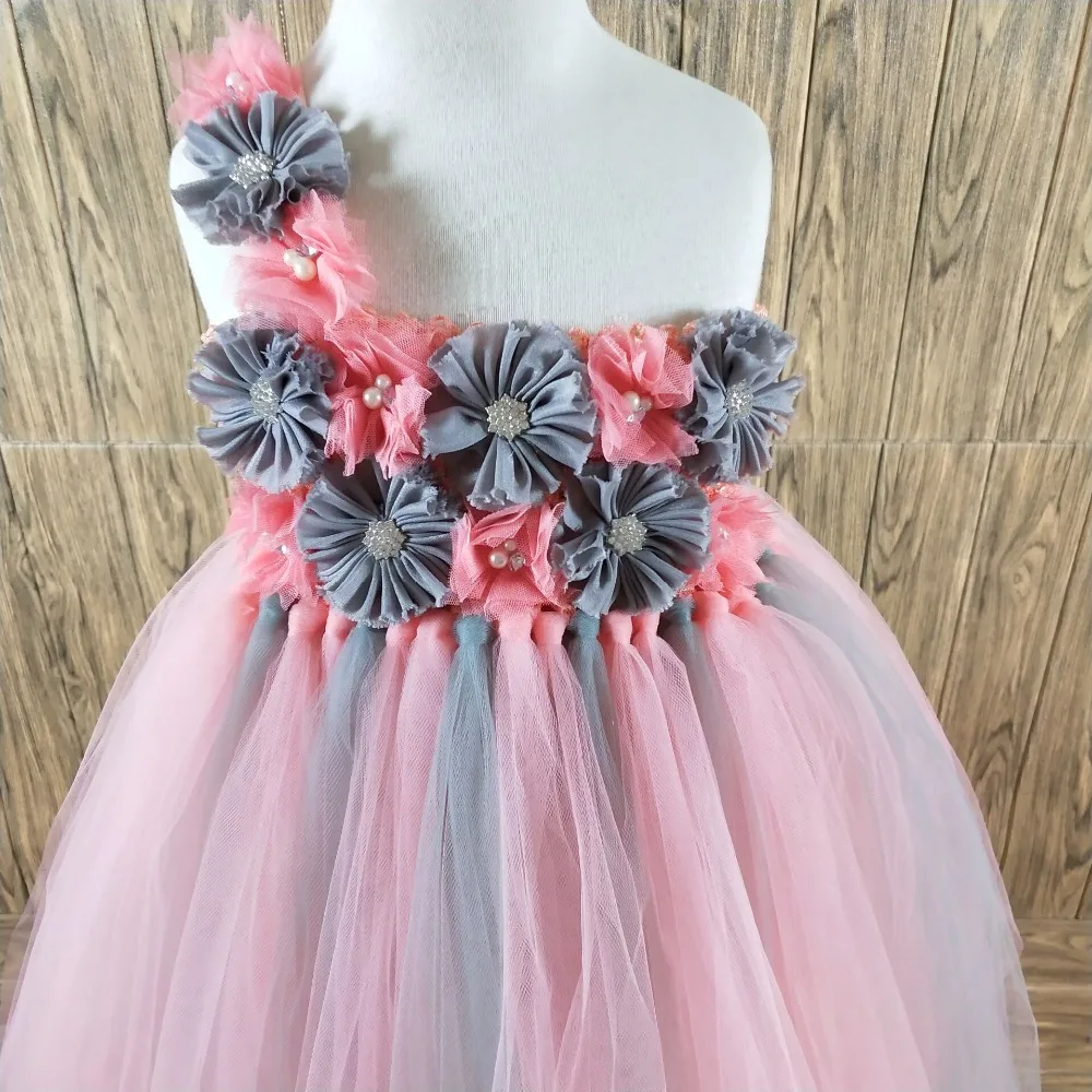 

POSH DREAM Coral with Grey Flower Children Girls Tulle Dresses for Wedding Party Handmade Floral Kids Girls Tutu Dress Clothes