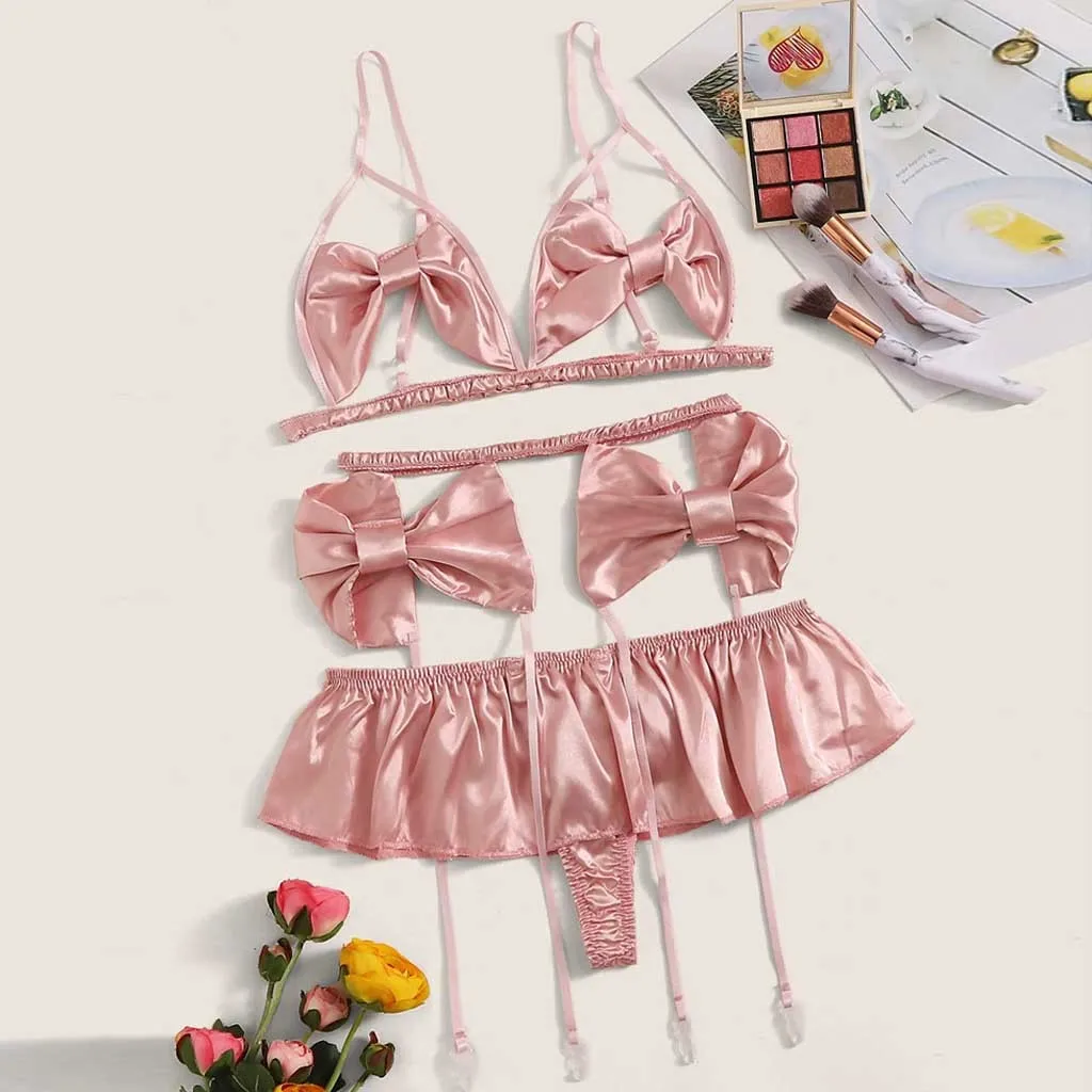 

2019 solid color hot underwear set fashion sexy women's sexy satin bow bra bra garter underwear set комплект нижнего белья 40*