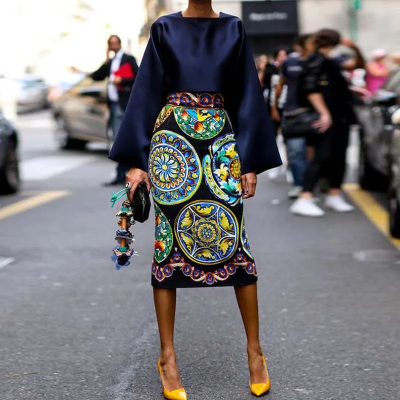 

2019 New Spring Vintage Elegant Two Piece Set Women Long Sleeve Top&Printed Mid-Length Skirt Suit Office Lady Robe Plus Size