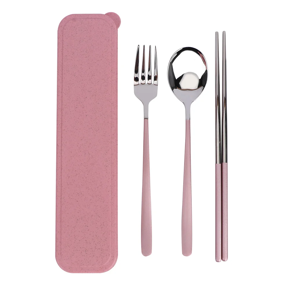3 шт. практические Нержавеющая сталь палочки для еды, ложки и вилки набор посуды портативная Подарочная коробка школьная сумка для пикника для путешествий пшеницы набор соломинок - Цвет: pink